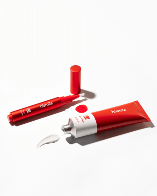 Red lip balm tube with a silver cap and a small brush of white balm. The brand name 'hismile' on both items.