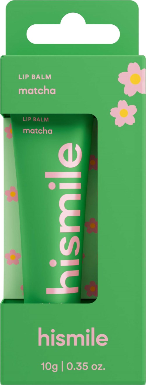 Ein grüner Lippenbalsam mit 'hismile' Beschriftung und Blumen.