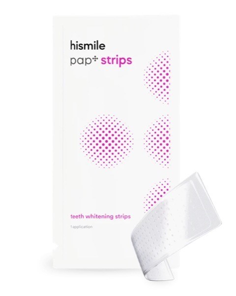 This is a box and strip product for teeth whitening, with purple dots and white packaging.