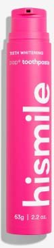 Pink tube labeled 'hismile' contains toothpaste, likely for teeth whitening, with a white cap.