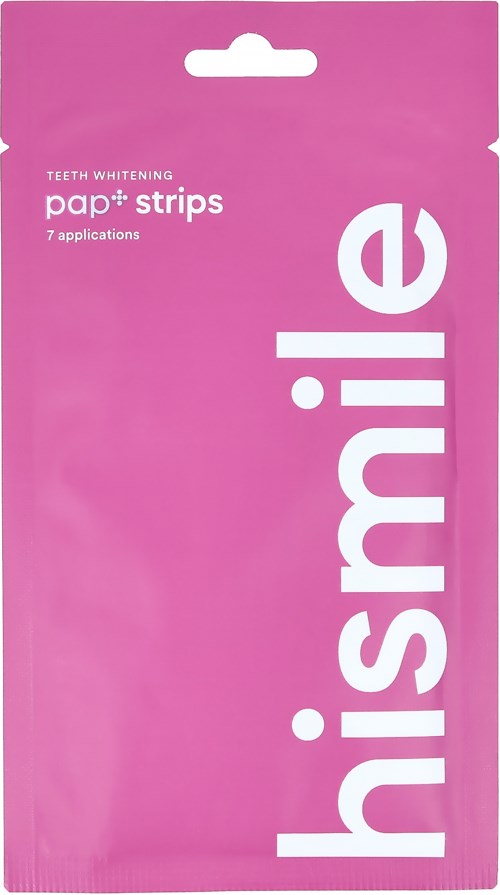 Lys rosa pakke med hvit tekst som viser et tannblekningsprodukt kalt 'hismile' og 'pap+ strips'.