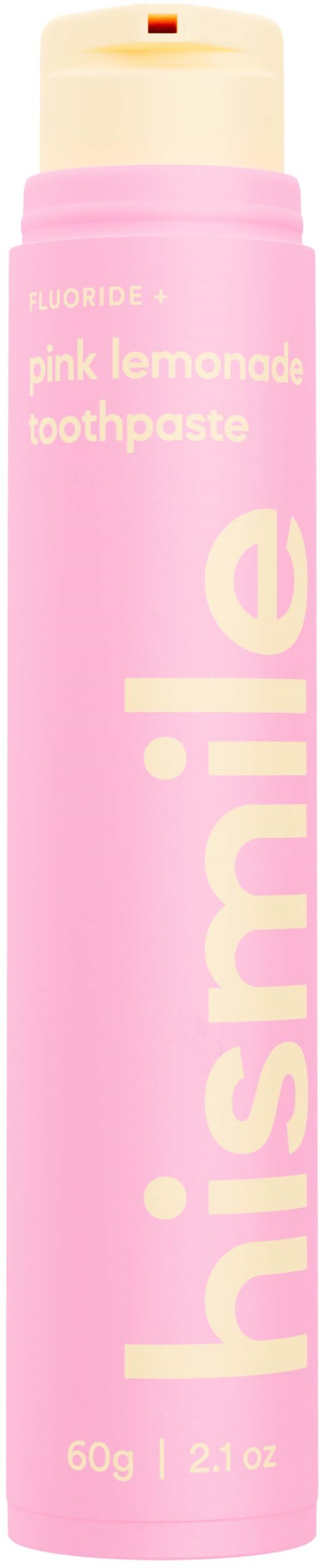 Eine rosa Zahnpasta-Tube mit weißem Deckel, beschriftet mit 'pink lemonade toothpaste' und 'hismile'.