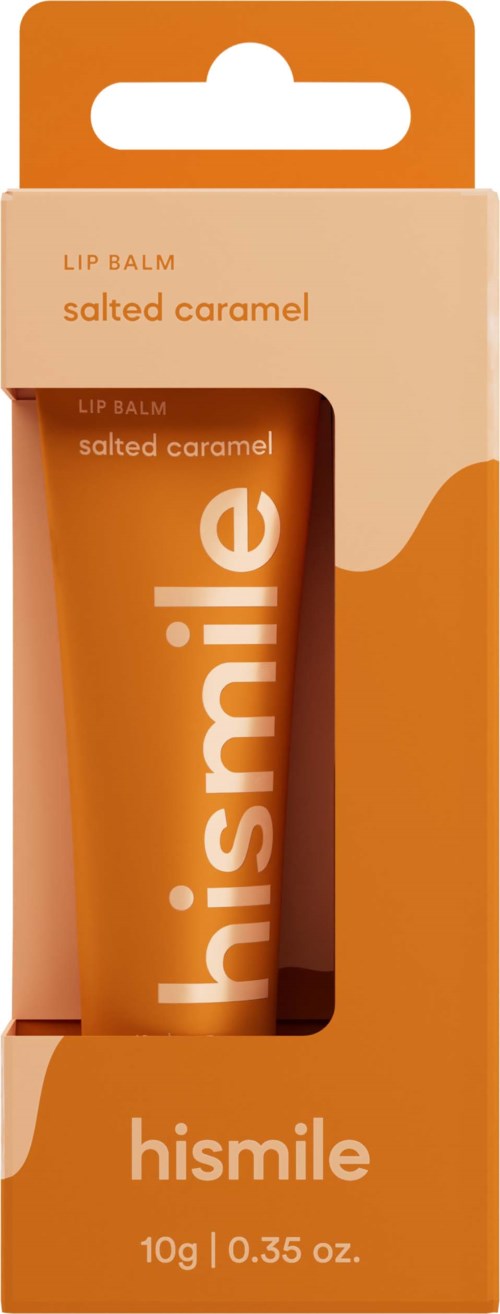 Salziges Karamell-Lippenbalsam in orange und beige Verpackung, Marke 'hismile'.