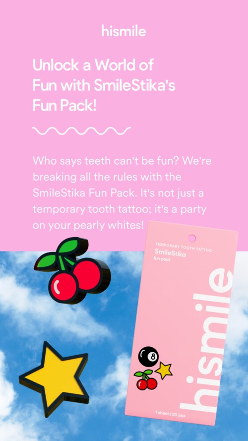 Różowe tło z tekstem o SmileStika oraz ilustracjami wiśni i gwiazdy i różową kartą.