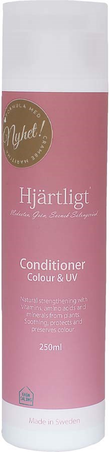 Rosa flaska med Hjärtligt balsam för färg och UV-skydd, 250 ml, tillverkad i Sverige.