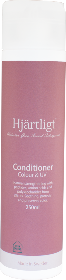 Ljusrosa cylindrisk flaska med etiketten 'Hjärtligt' balsam för färg och UV-skydd, 250 ml.