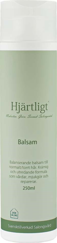 En ljusgrön flaska märkt 'Hjärtligt Balsam' för lugnande och läkande av huden, innehåller 250 ml.