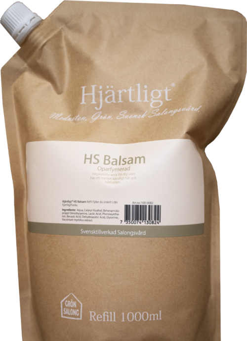 Ein brauner Nachfüllbeutel mit weißem Etikett, enthält HS Balsam mit schwedischem Text und Barcode.