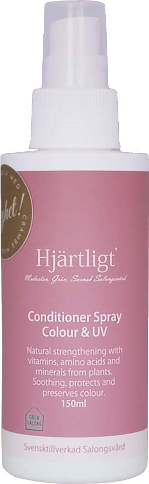 Pink bottle of conditioner spray with a white pump, labeled Hjärtligt, for color and UV protection, 150ml.