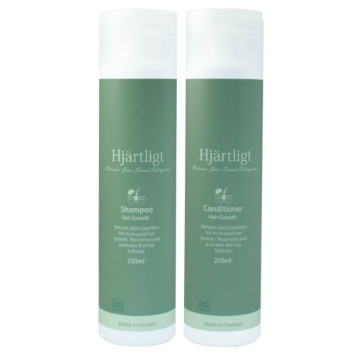 Två flaskor märkta 'Hjärtligt' för hårschampo och balsam, vardera 250 ml, tillverkade i Sverige med en grön och vit design.