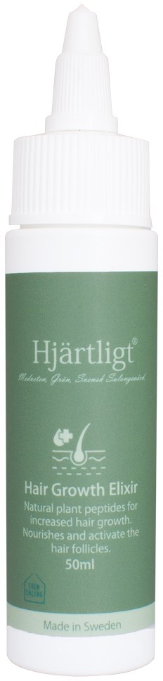 Grøn flaske med pumpe mærket 'Hjärtligt' til hårvækst. Indeholder naturlige planteingredienser. 50ml. Made in Sweden.