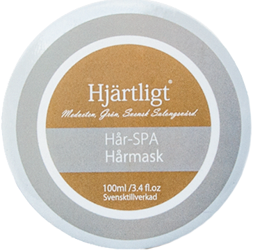 Ein runder Behälteraufkleber mit braunen und grauen Farben, steht 'Heartfelt Hair Spa Mask, 100 ml, hergestellt in Schweden.'