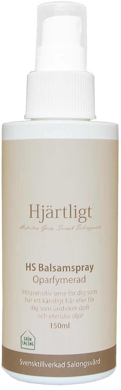 En hvid sprayflaske mærket 'Hjärtlgt' med en beige del, hvilket angiver, at det indeholder en beroligende spray.