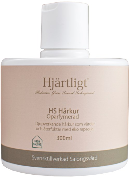 Eine weiße Flasche mit der Aufschrift 'Hjärtligt' mit Informationen zur Haarpflege, 300ml, hergestellt von svensk Salongsvård.