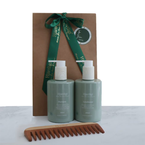 En gaveeske med to flasker merket 'Shampoo' og 'Conditioner', en brun kam og et grønt bånd.