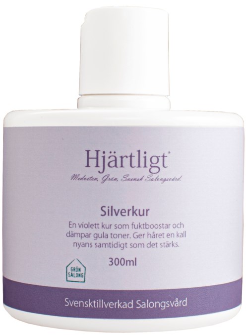 Hvid flaske med lilla mærkat, Silverkurt produkt, 300 ml, til hår og hovedbund, svenskproduceret salonpleje.