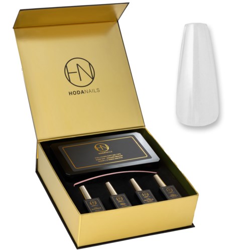 Eine goldene Schachtel enthält vier Flaschen und eine Karte mit dem Markennamen 'HODA NAILS'. Daneben eine weiße Gegenstand.