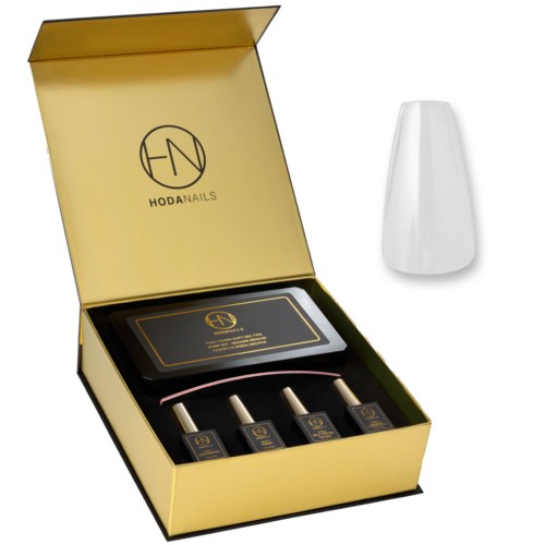 Ein goldener Karton mit Nagellack, einer Karte und einer weißen Flasche, Marke HODANAILS.