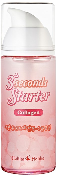 En rosa hudvårdsflaska med pump, märkt '3 seconds Starter Collagen' av Holika Holika.