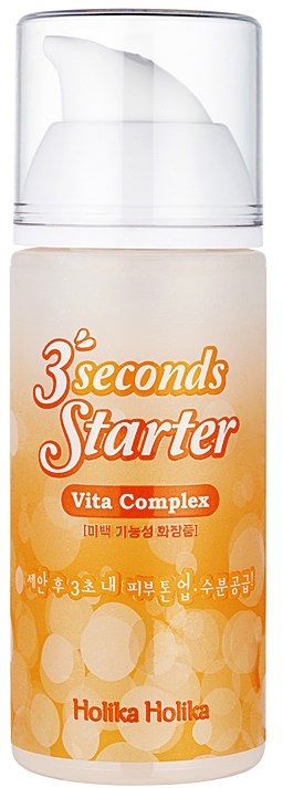 Ihonhoitotuote valkoisessa pumppupullossa, jossa on oranssi ja valkoinen etiketti, nimeltä '3 seconds Starter Vita Complex'.
