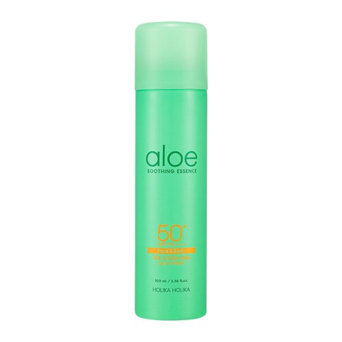 A green bottle labeled aloe soothing essence with SPF 50+ protection, 100 ml size, by Holika Holika.