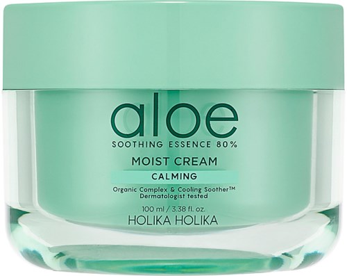 Grøn beholder med aloe beroligende essens fugtighedscreme med beroligende og økologiske ingredienser.