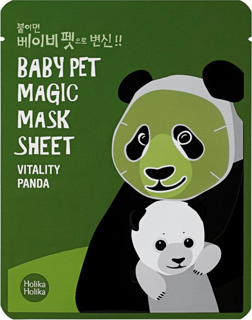 Et grønt ark har en panda som holder en mindre panda, med tekst om et babykjæledyr-magisk maskebladprodukt.