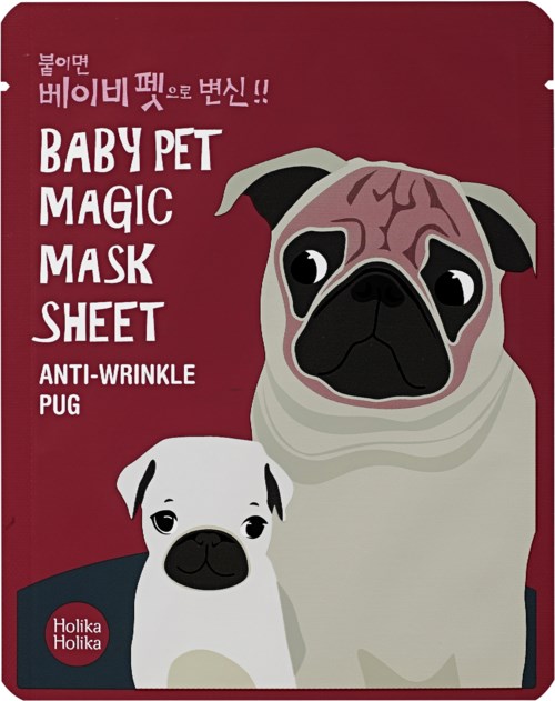 Ett paket visar en maskark för hundar, med illustrationer av en liten valp och en större hund på en röd bakgrund.