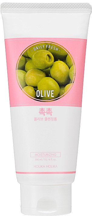 En hvit tube med rosa stripe og en grønn oliven-etikett, som indikerer at det er en fuktighetsgivende produkt med koreansk tekst.