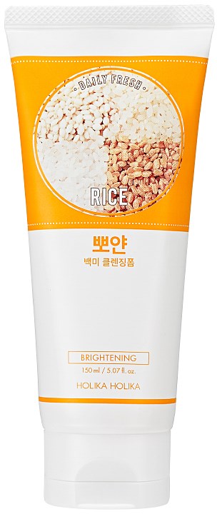 Rivipakkauksinen ihonhoitotuote, jossa on oranssi ja valkoinen pakkaus, nimeltä 'Daily Fresh Rice Brightening'.