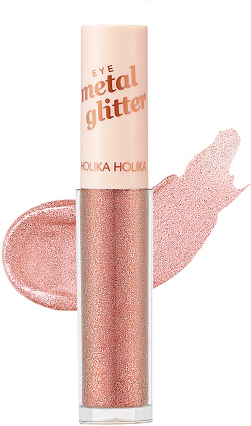 En tube øjenskyggeglitter med lyserødt, glitrende indhold og en prøve, der viser dets skinnende, glitterede tekstur.