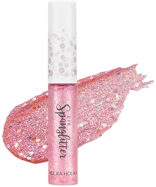 En rosa glitterläppglans med vit topp och färgglada gnistor, märkt 'Mommy' från Holika Holika.