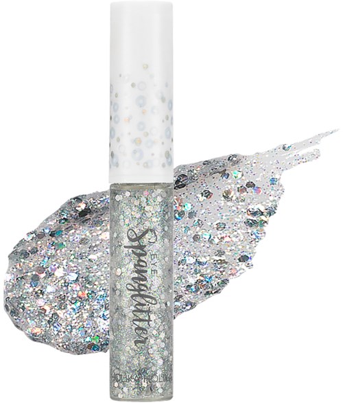 En tydlig stav med glittrig silverglitter inuti och ett vitt lock. En del glitter är spillt på en vit bakgrund.