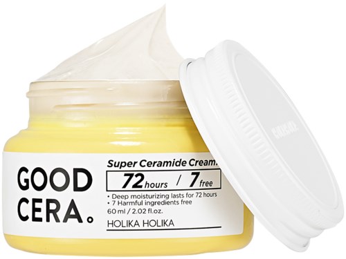 Gul kräm i burk med öppen lock, märkt "Good Cera" Super Ceramide Cream, håller i 72 timmar, plus 7 gratis.