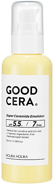 En gul kosmetikflaska märkt 'GOOD CERA' med vit pump, innehållande en hudvårdsprodukt för känslig hud.