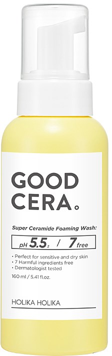 En gul flaska med vit etikett visar 'GOOD CERA' och nämner att det är en skummande ansiktsrengöring för känslig hud.