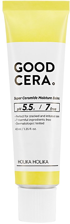 En tube med fugtighedscreme mærket 'Good Cera' med gul og hvid farve. Den indeholder 40 ml og er dermatologisk testet.