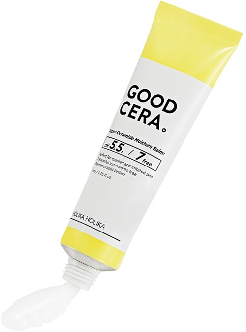 En tube med hudplejecreme kaldet GOOD CERA med hvid og gul emballage, der viser lidt creme, der kommer ud.