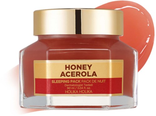 Hunajaa ja acerola-unilepätä sisältävä purkki, jossa on punainen ja keltainen etiketti ja taustalla tuotteen läikkä.