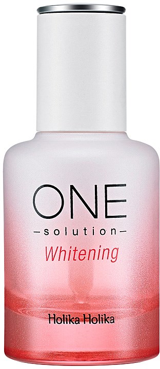 Biała butelka z różowym i czerwonym gradientem, oznaczona 'ONE solution Whitening' przez Holika Holika.