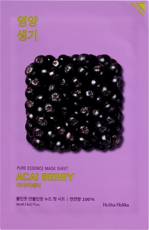 Violetti paperi, jossa mustia acai-kesää, ja tekstiä koreaksi ja englanniksi maskeesta.
