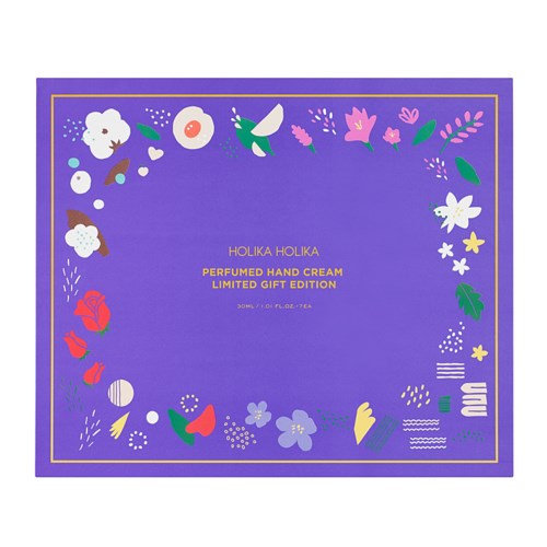 A purple box with colorful flowers and shapes, text inside about a limited edition perfume and cream set.