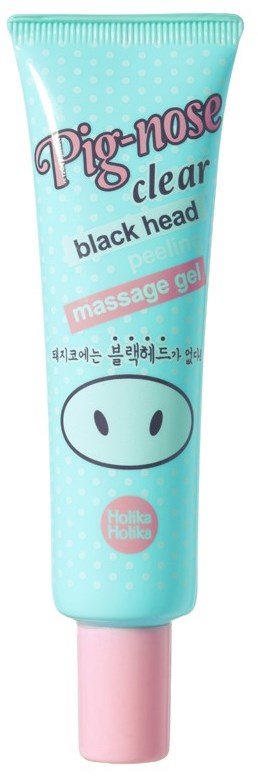 En lyseblå tube med rosa hette, merket 'Pig-noise clear black head massage gel,' med en grisnese-illustrasjon.