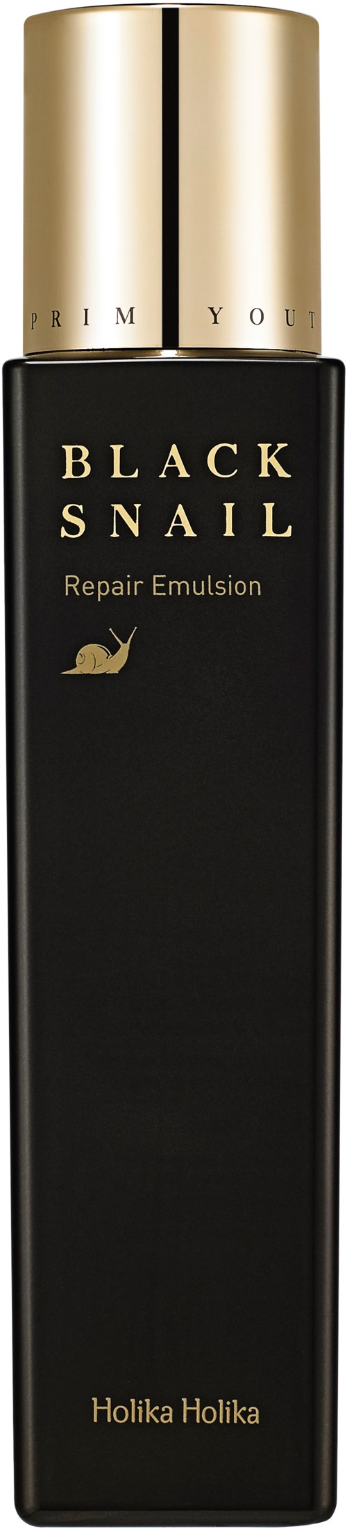 En svart och guldflaska märkt 'Black Snail Repair Emulsion' från Holika Holika.