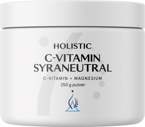 Valkoinen purkki, jossa lukee 'Holistic C-Vitamin Syraneutral' ja siinä on sininen ja musta teksti sekä pieni tippojen logo.
