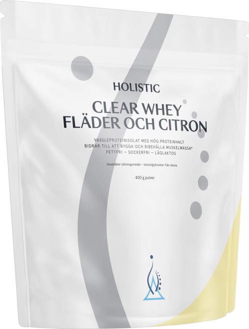 Ett vitt paket med svarta och gula accenter, märkt "Clear Whey" med svensk text och en liten blå logotyp.