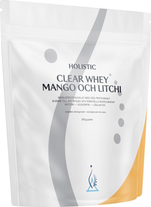 A white bag with gray and orange accents, labeled 'Clear Whey Mango and Litchi', indicating a protein powder product.