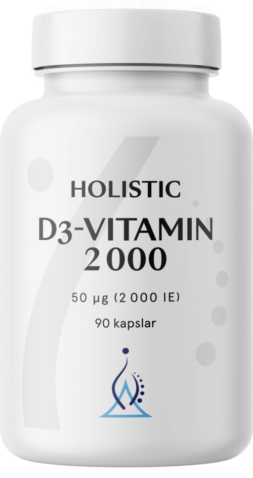 Valkoinen purkki, jossa lukee 'Holistic D3-Vitamin 2000', ja siinä kerrotaan kapseleista.