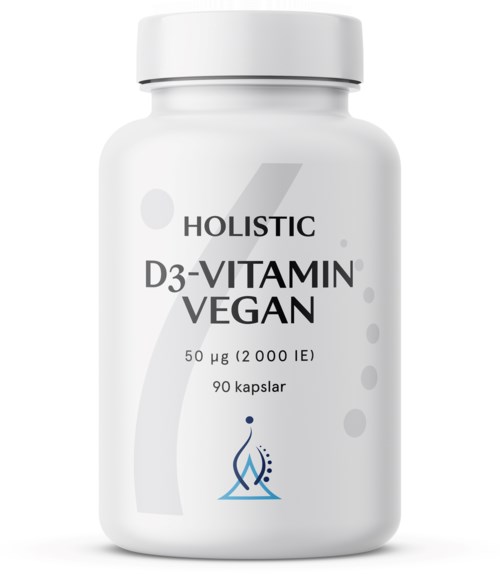 En vit flaska med etikett som anger veganskt D3-vitamin, innehållande 90 kapslar och 2000 IE styrka.
