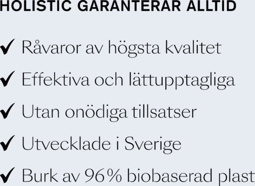 Texten lyfter fram egenskaper hos en produkt, inklusive råvaror av hög kvalitet, effektivitet, inga onödiga tillsatser, utvecklad i Sverige och 96% biobaserad plast.